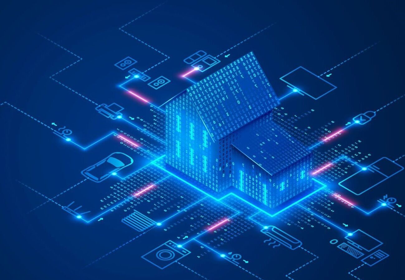3D-Illustration eines digitalen Smart-Home-Konzepts mit leuchtenden technischen Symbolen auf blauem Hintergrund